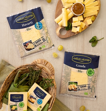 Lonchas de queso Bio de la marca Millán Vicente. Nuestras variedades más ecológicas elaboradas con leche de vaca pasteurizada.