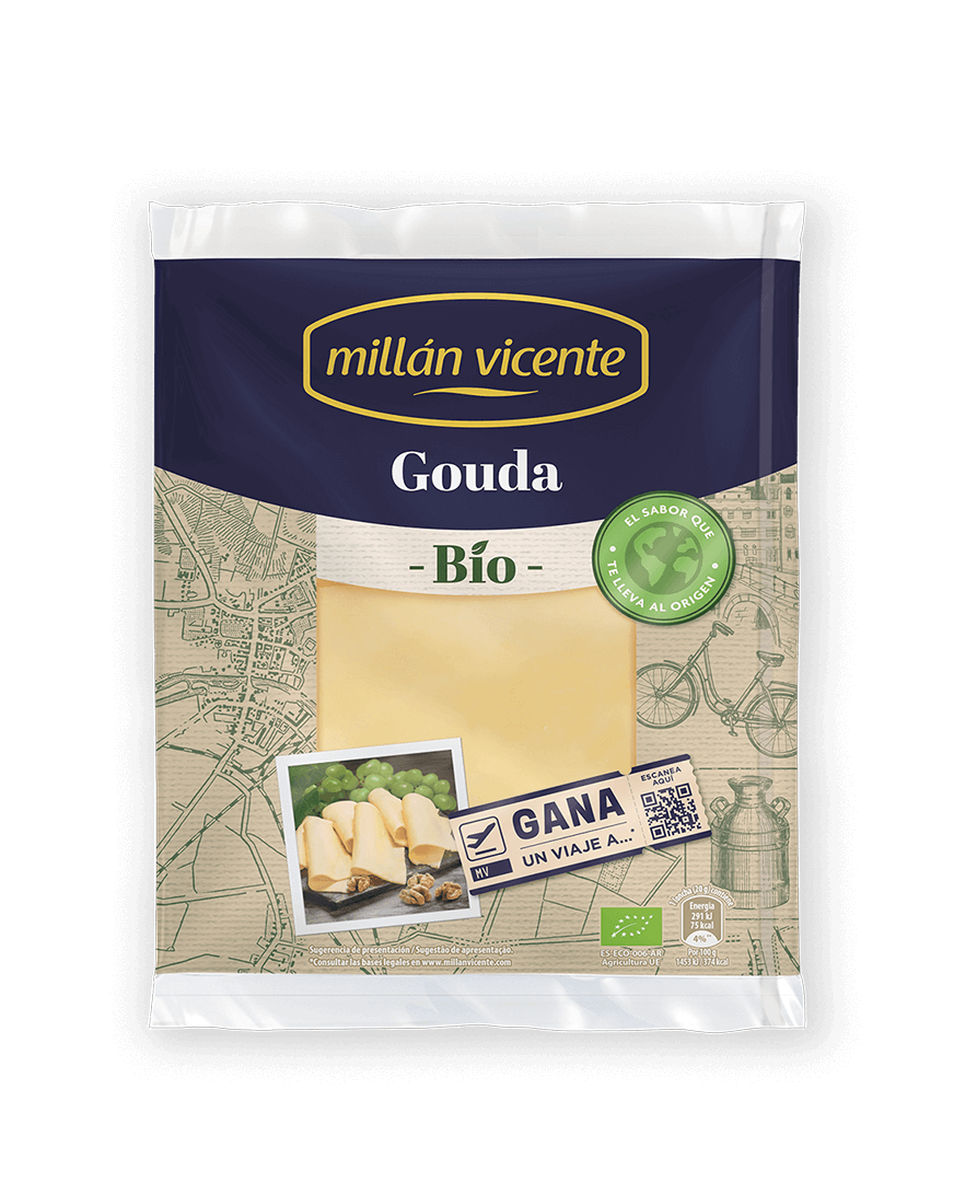 Queso Lonchas Gouda Bio. Queso tierno, cremoso y elaborado con leche procedente de agricultura ecológica.