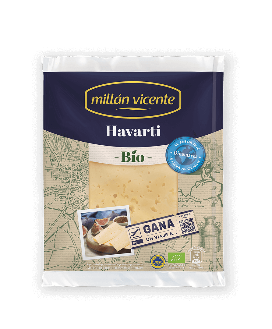 Queso Lonchas Havarti Bio. Elaborado con leche pasteurizada de vaca procedente de agricultura ecológica.