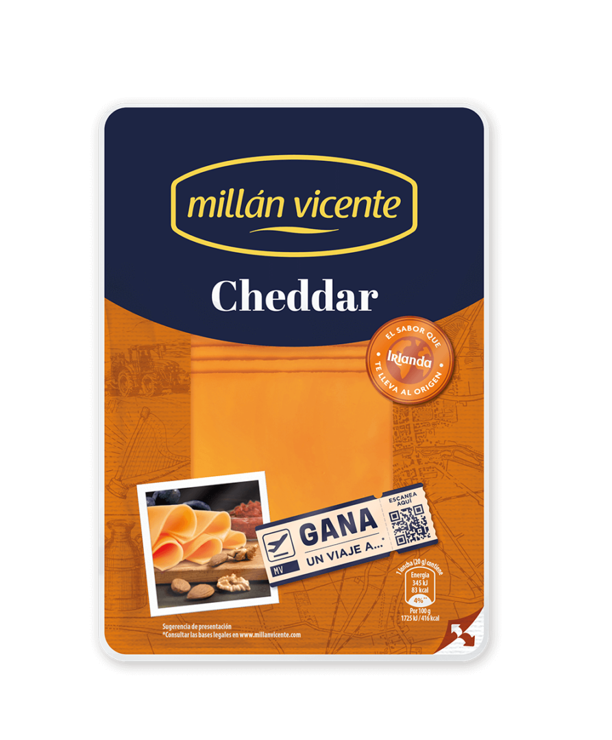 Queso Lonchas Cheddar. Variedad naranja, con textura lisa y mucho sabor. Queso original de Irlanda.