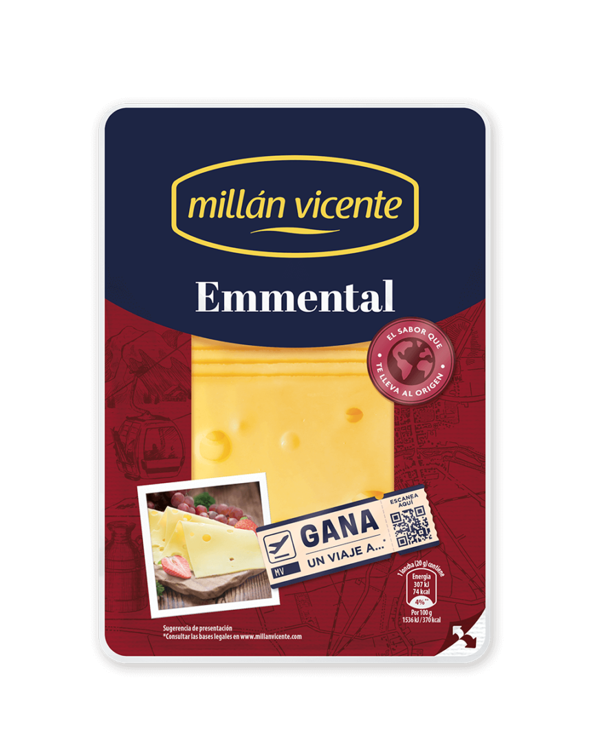 Queso Lonchas Emmental. Variedad semicurada con fuerte aroma y suave sabor. Queso original de Suiza.