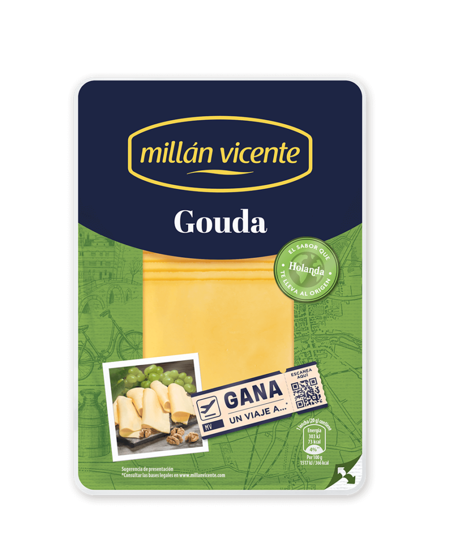 Queso Lonchas Gouda. Variedad tierna, suave y con mucho sabor. Queso original de Holanda