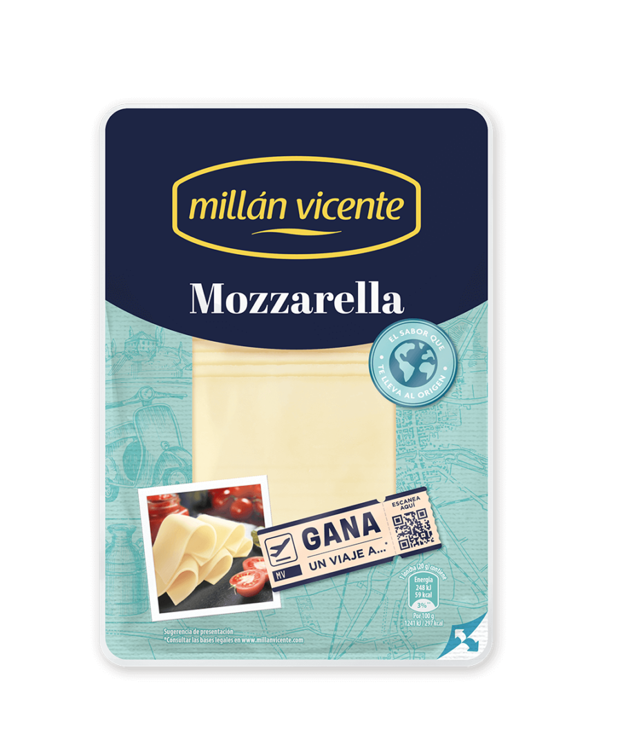 Queso Lonchas Mozzarella. Variedad con textura cremosa y un sabor suave. Queso original de Italia.