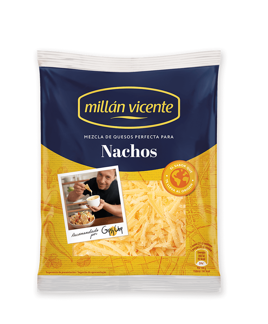 Queso Rallado Especial Nachos y Tacos. Mezcla de Cheddar, Edam y Emmental holandés perfecta para fundir y preparar recetas cremosas.