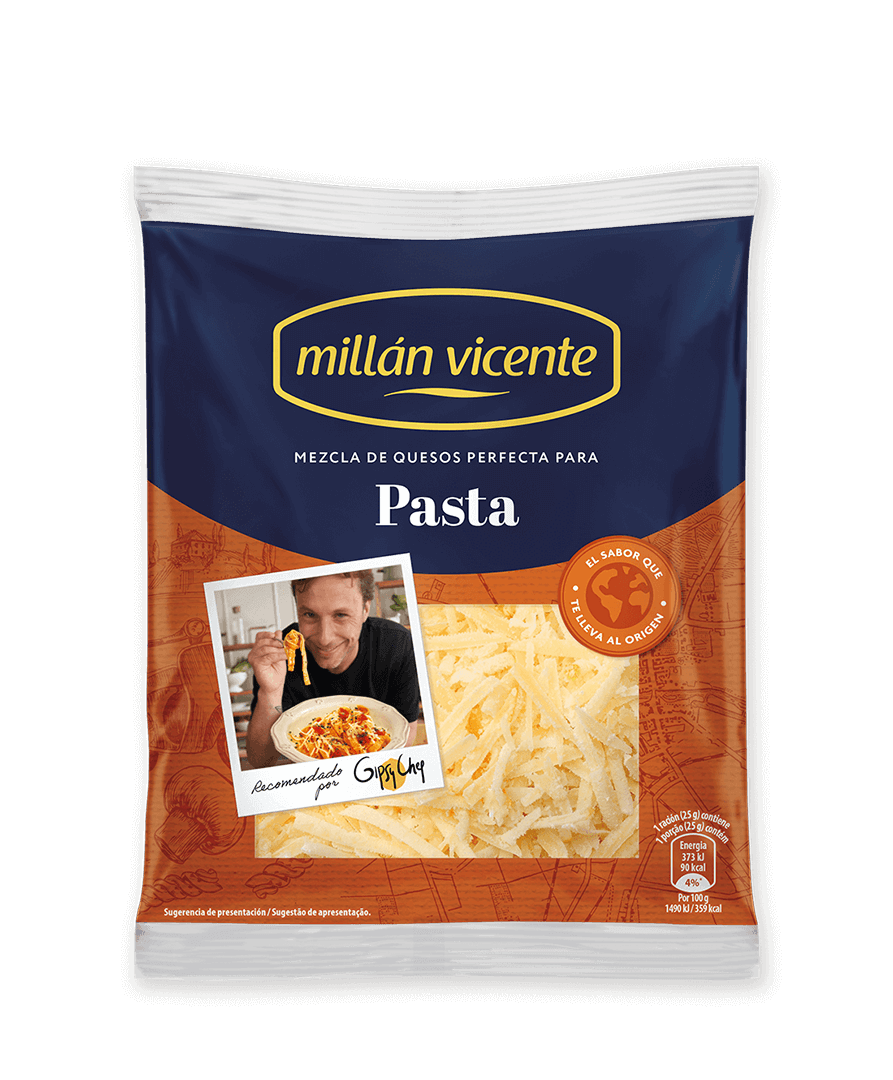 Queso Rallado Especial Pasta. Mezcla de Gouda, Maasdam y Goya perfecta para fundir y cocinar pastas cremosas.