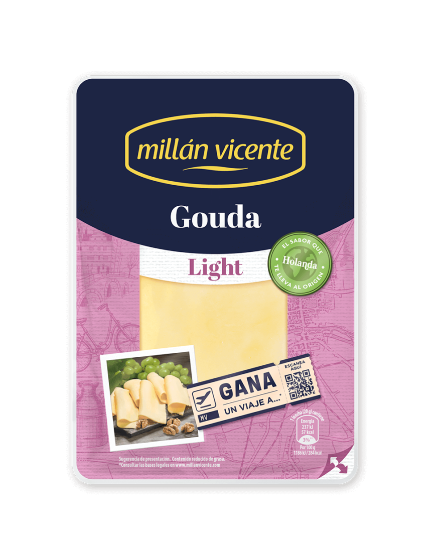 Queso Lonchas Gouda Light. Variedad tierna, suave y con mucho sabor. Queso original de Holanda.