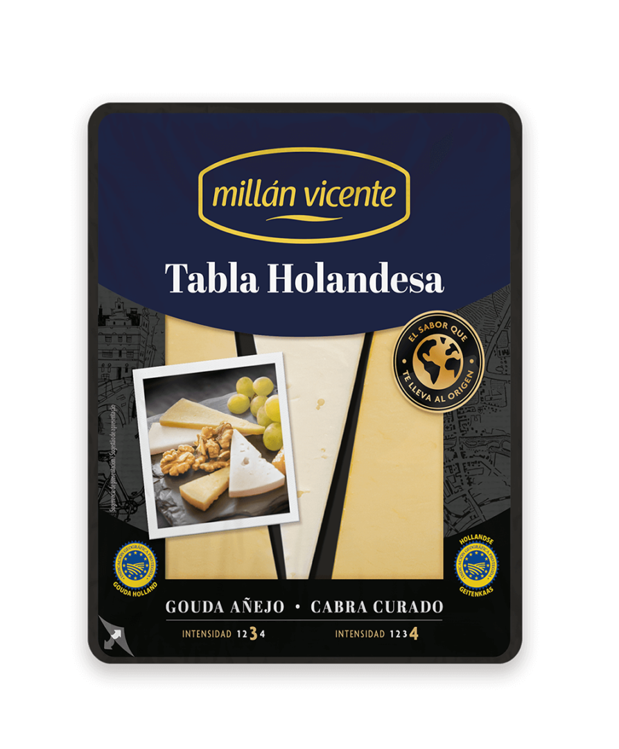 Tabla de queso Holandesa. Llena de frescura e intensidad, esta tabla contiene Gouda añejo y Cabra curado.