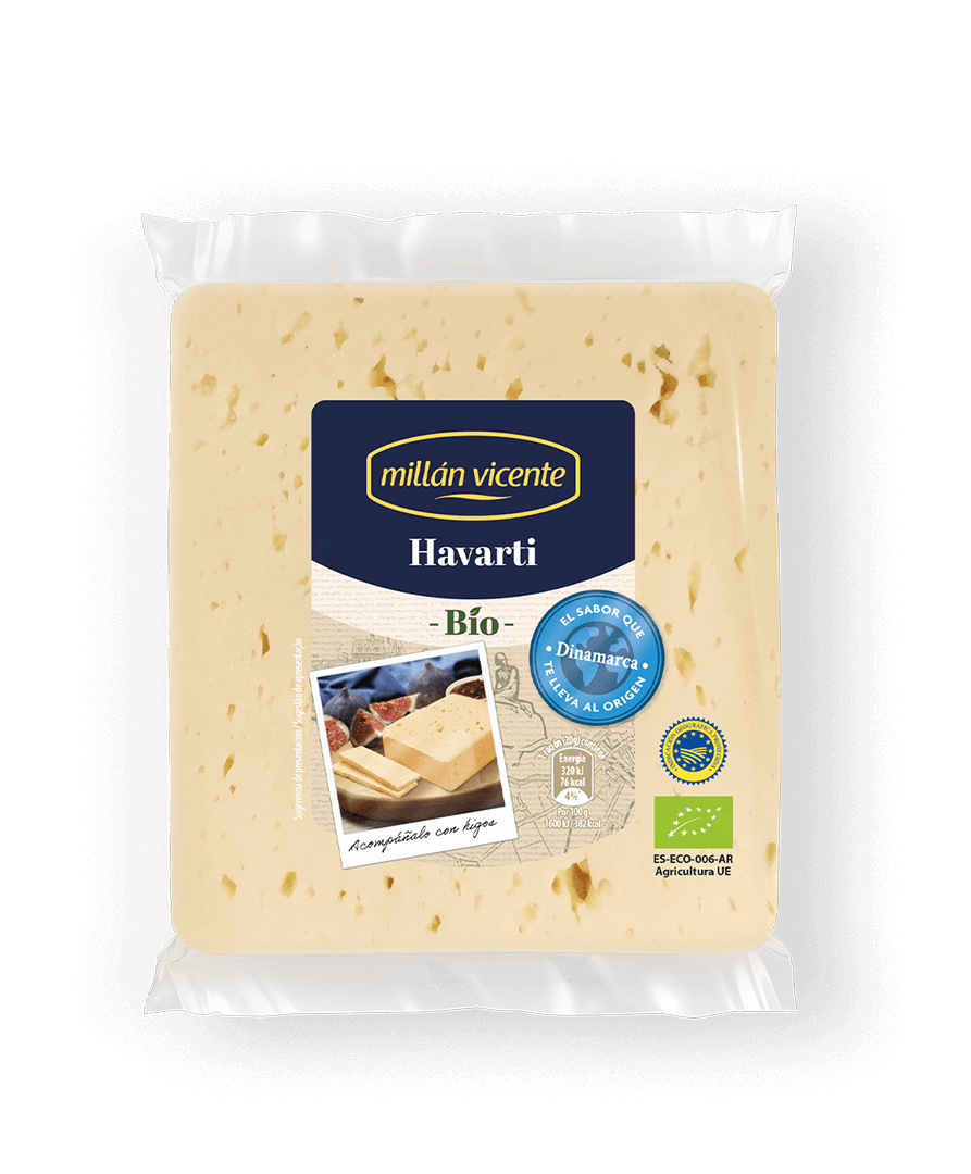 Cuña de queso Havarti Bio. Variedad con intensidad suave y elaborada con leche procedente de agricultura ecológica.